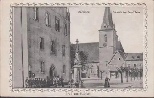 AK Gruss aus Haßfurt Marktplatz Drogerie von Josef Zehe, ungelaufen