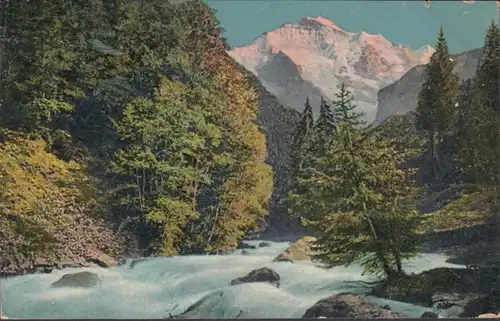 AK Lütschine mit Jungfrau beim Alpenglühen, gelaufen 1908