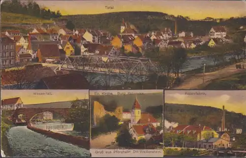 AK Gruss aus Pforzheim Totale Wasserfall Papierfabrik Kirche, gelaufen 1921