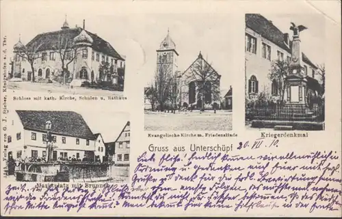 AK Gruss aus Unterschüpf Mehrbild Schloss Kirche Rathaus Kriegerdenkmal Brunnen, gelaufen 1910