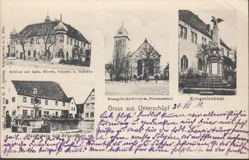 AK Gruss de sous-scène Multi-image Château église Hôtel de ville Monument guerrier puits, couru 1910
