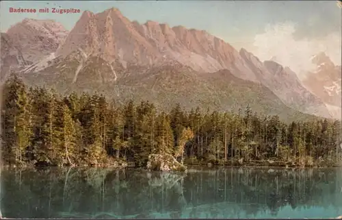 AK Grainau Badersee mit Zugspitze, gelaufen 1910