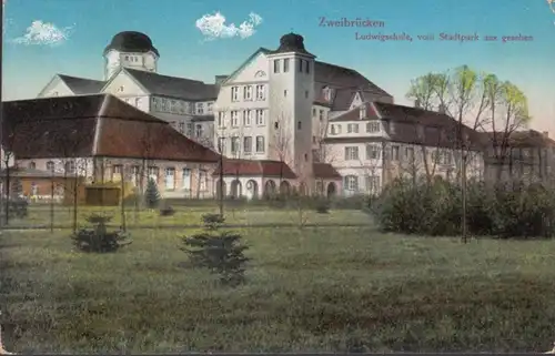 AK Zweibrücken Ludwigschule Stadtpark Feldpost, couru en 1916