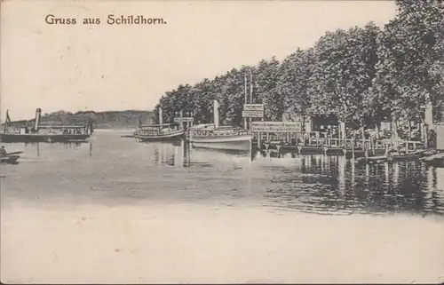 AK Gruss aus Schildhorn Schiffsanleger, gelaufen 1909
