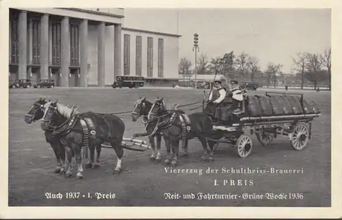 AK Berlin Viererzug Schultheiss Brauerei Reit- und Fahrtunier 1936, ungelaufen