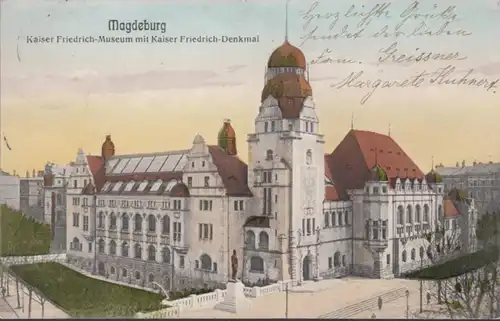 AK Magdeburg Kaiser Friedrich Museum und Denkmal, gelaufen 1907