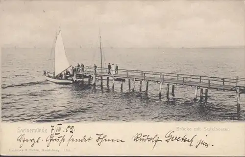 AK Swinemünde Brücke mit Segelbooten, gelaufen 1902
