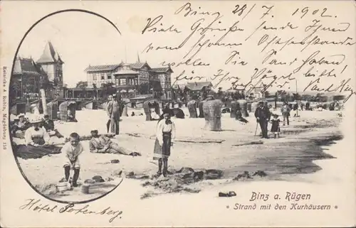 AK Binz Strand mit Kurhäusern, gelaufen 1902