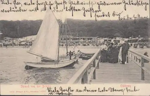 AK Göhren, Strand von der Brücke, Segelboote, gelaufen 1905