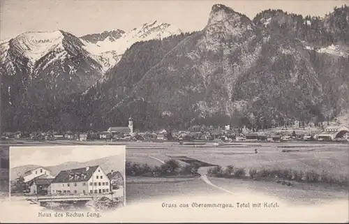 AK Gruss aus Oberammergau Total mit Kofel haus des Rochus Lang, ungelaufen