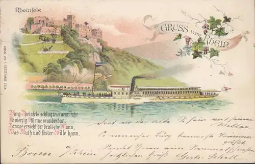 AK Gruss vom Rhein Rheinfels Dampfer Hansa Litho, gelaufen 1898