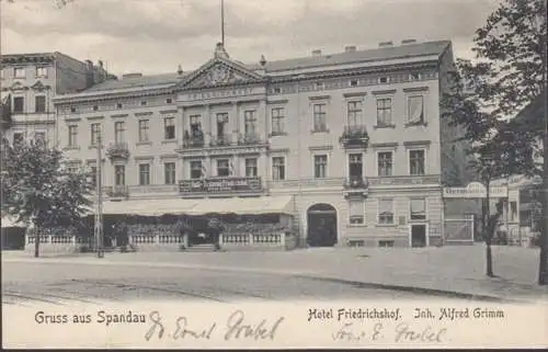 AK Gruss aus Spandau, Hotel Friedrichshof, Bahnpost, gelaufen 1905