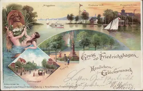 AK Gruss aus Friedrichshagen Müggelsee Clubhaus Müggelschloss Kurpark Friedrichstraße, gelaufen 1918