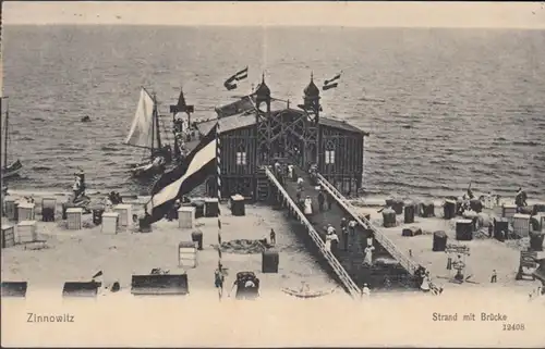 AK Zinnowiz plage avec pont, couru 1906