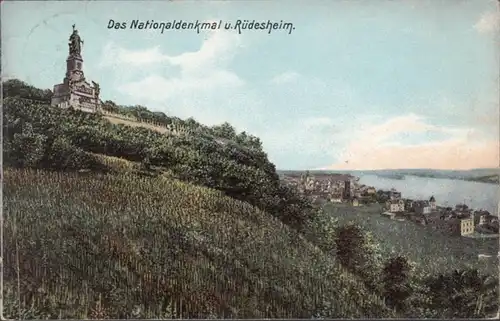 AK Das Nationaldenkmal und Rüdesheim, gelaufen 1907