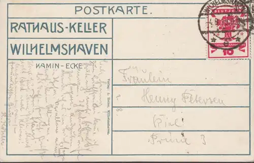 AK Wilhelmshaven Rathauskeller Kaminecke, gelaufen 1919