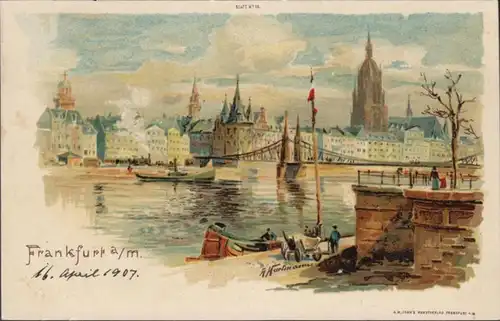 AK Frankfurt a.Main Stadtansicht Flusspartie Litho, gelaufen 1907