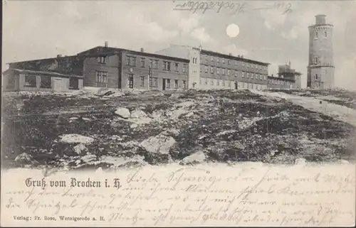 AK Gruss vom Brocken Brockenhaus Mondschein, gelaufen 1905