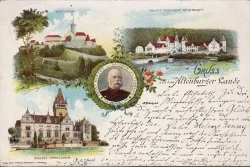 AK Gruss aus dem Altenburger Lande, Ernst Herzog, Schloss Hummelshain, Schloss Fröhliche Wiederkunft, gelaufen 1901