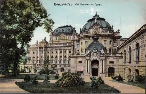AK Wiesbaden Theater mit Foyer, gelaufen 1907