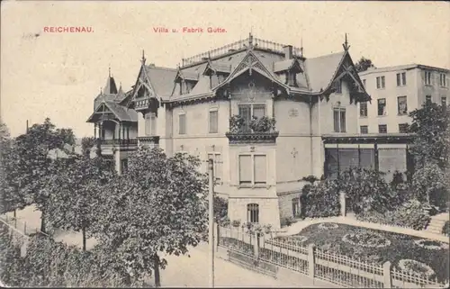 AK Reichenau Villa und Fabrik Gutte Bahnpost, gelaufen 1910