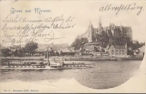 AK Gruss aus Meißen Fluss- und Stadtpartie Dampfer, gelaufen 1900
