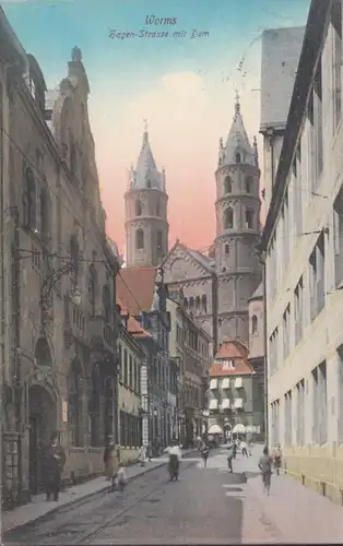 AK Worms Hagenstraße mit Dom, gelaufen 1917