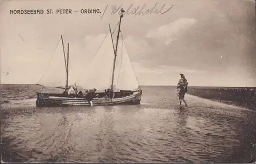 AK Nordseebad St. Peter Ording Strandpartie Segelboot, gelaufen 1919