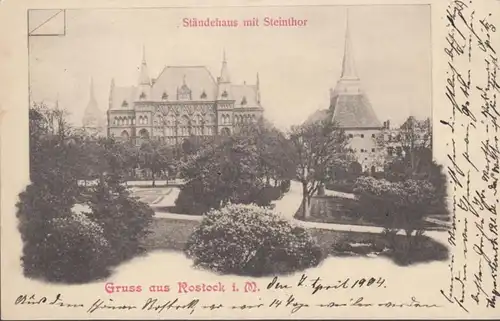 AK Gruss aus Rostock Ständehaus mit Steintor, gelaufen 1904