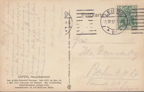 AK Leipzig Der Neue Hauptbahnhof, gelaufen 1912