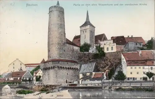 AK Bautzen Partie am alten Wasserturm und der wendischen Kirche, gelaufen 1909