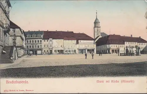 AK Bischofswerda Markt mit Kirche, gelaufen 1910