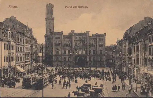 AK Zittau marché et tramway de l'hôtel de ville, incurvé