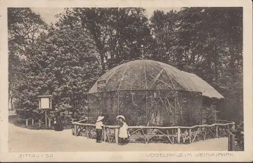 AK Zittau Vogelhaus im Weinaupark, gelaufen 1923