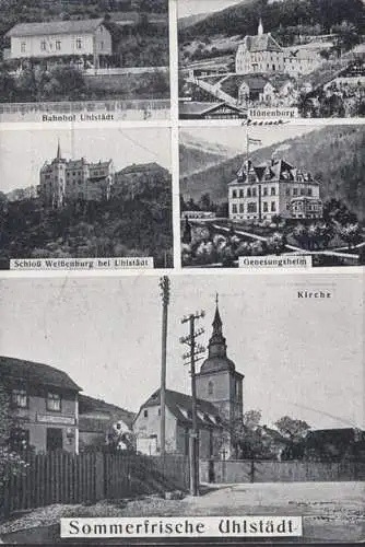 AK Uhlstädt, Bahnhof, Kirche, Genesungsheim, gelaufen 1918