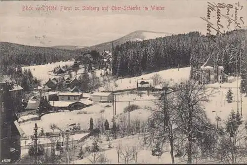 AK Blick vom Hotel Fürst zu Stolberg auf Ober Schielke im Winter, gelaufen 1913