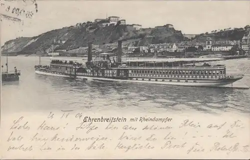 AK Ehrenbreitstein und Rheindampfer, gelaufen 1904