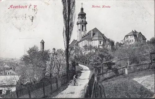 AK Auerbach Katholische Kirche, gelaufen 1919
