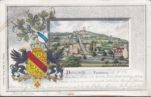 AK Durlach Turmberg, gelaufen 1904