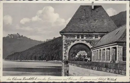 AK Am Edersee Durchblick von der Sperrmauer Feldost, gelaufen 1940