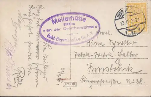 AK Dreitorspitze Meilerhütte, gelaufen 1924