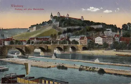 AK Würzburg Festung mit alter Mainbrücke, gelaufen