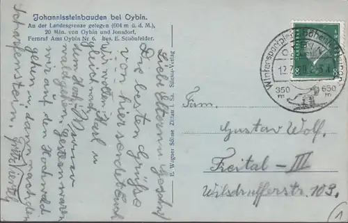 AK Oybin Johannissteinbauden, gelaufen 1929