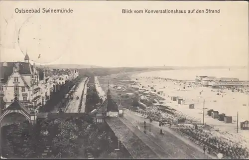 AK Ostseebad Swinemünde Blick vom Konverstaionshaus auf den Strand, gelaufen 1908