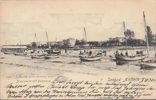 AK Seebad Ahlbeck Strandpartie mit Damenbad, gelaufen 1904