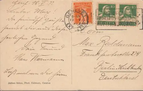 AK Genève et le Salève, gelaufen 1922