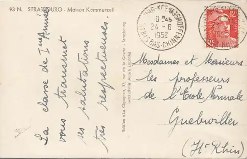 CPA Strasbourg Maison Kammercell, circulé 1952