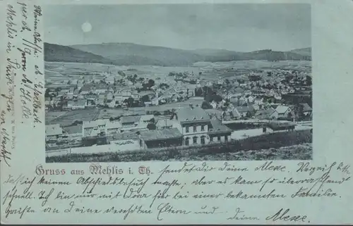 AK Gruss aus Mehlis Stadtansicht Mondschein, gelaufen 1898