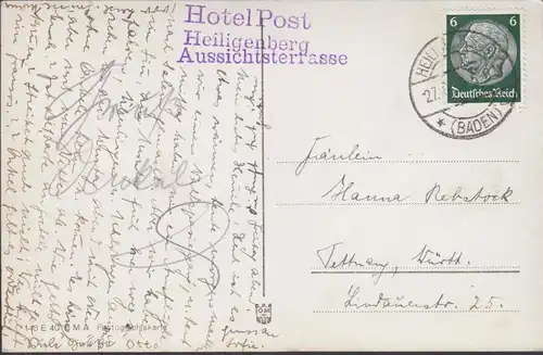 AK Schloß Heiligenberg Hotelpost, gelaufen 1938