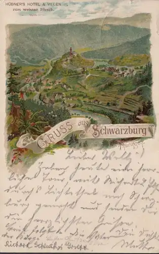 AK Gruss aus Schwarzburg Bahnpost Hübners Hotel und Villen Zum weissen Hirsch, gelaufen 1900